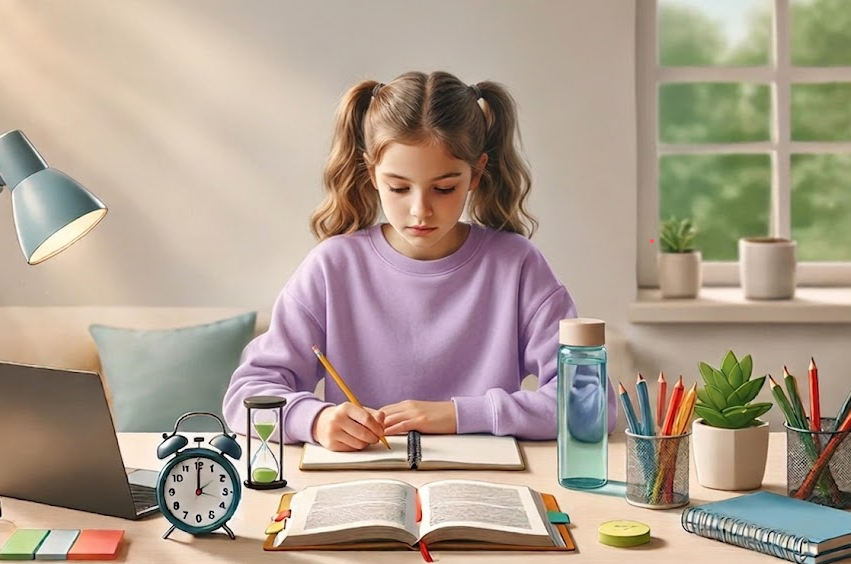 Menina estudando na escrivaninha com livro aberto, notebook e despertador