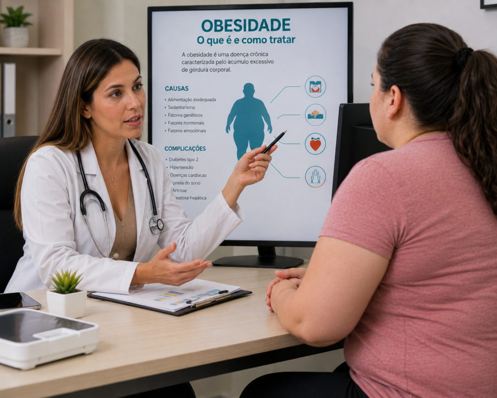 Médica explicando a uma paciente um slide sobre obesidade no consultório