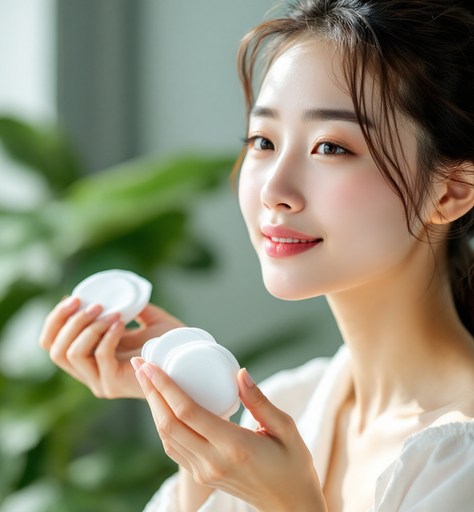 Mulher segurando dois potes de creme facial, com a pele do rosto luminosa