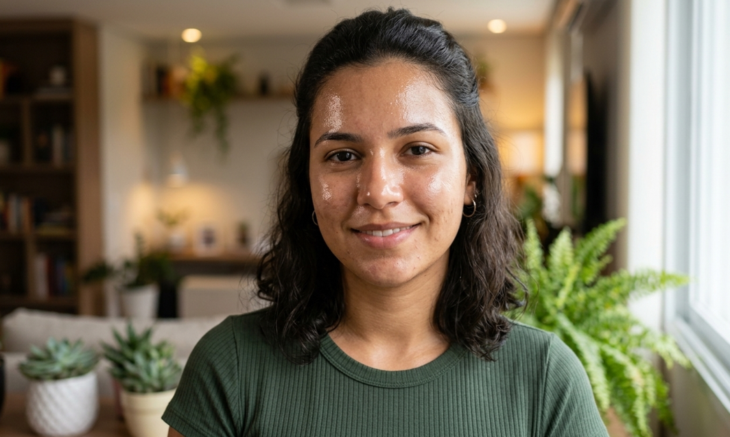 Mulher sorrindo com creme facial aplicado nas bochechas