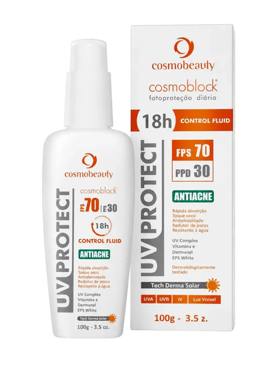 Embalagem de protetor solar facial antiacne com FPS 70