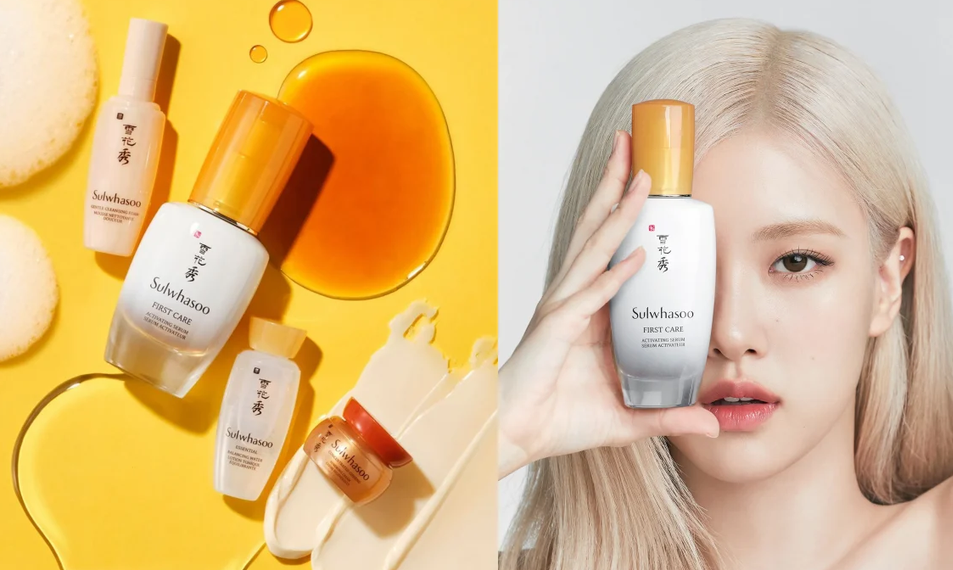 Frascos de sérum e essência de skincare coreano ao lado de uma modelo aplicando o produto